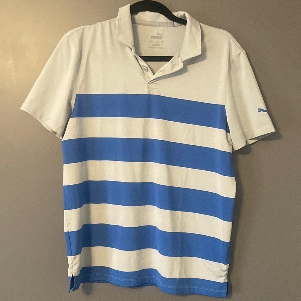PUMA Polo Shirt Size Large Blue Stripe Performance Golfwear